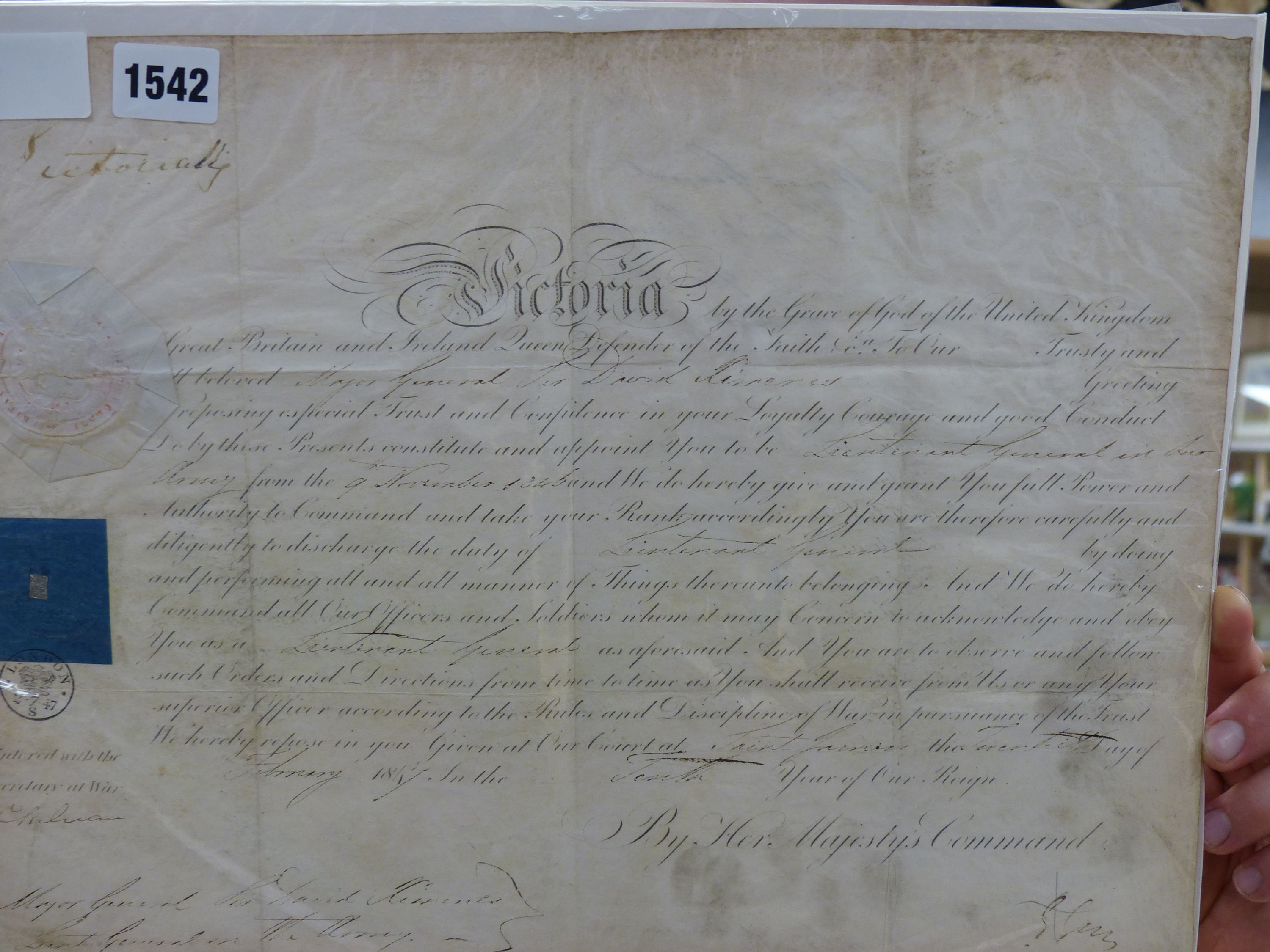 A Victorian document of promotion to Lieutenant General sir David…? Stamped 1847